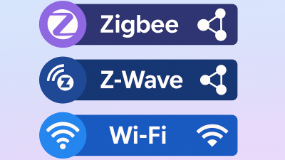 Flat design comparison of Zigbee, Z-Wave, and Wi-Fi smart home protocols with network icons