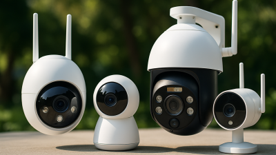 Four Tuya-compatible smart cameras of different designs displayed outdoors on concrete surface with greenery background
