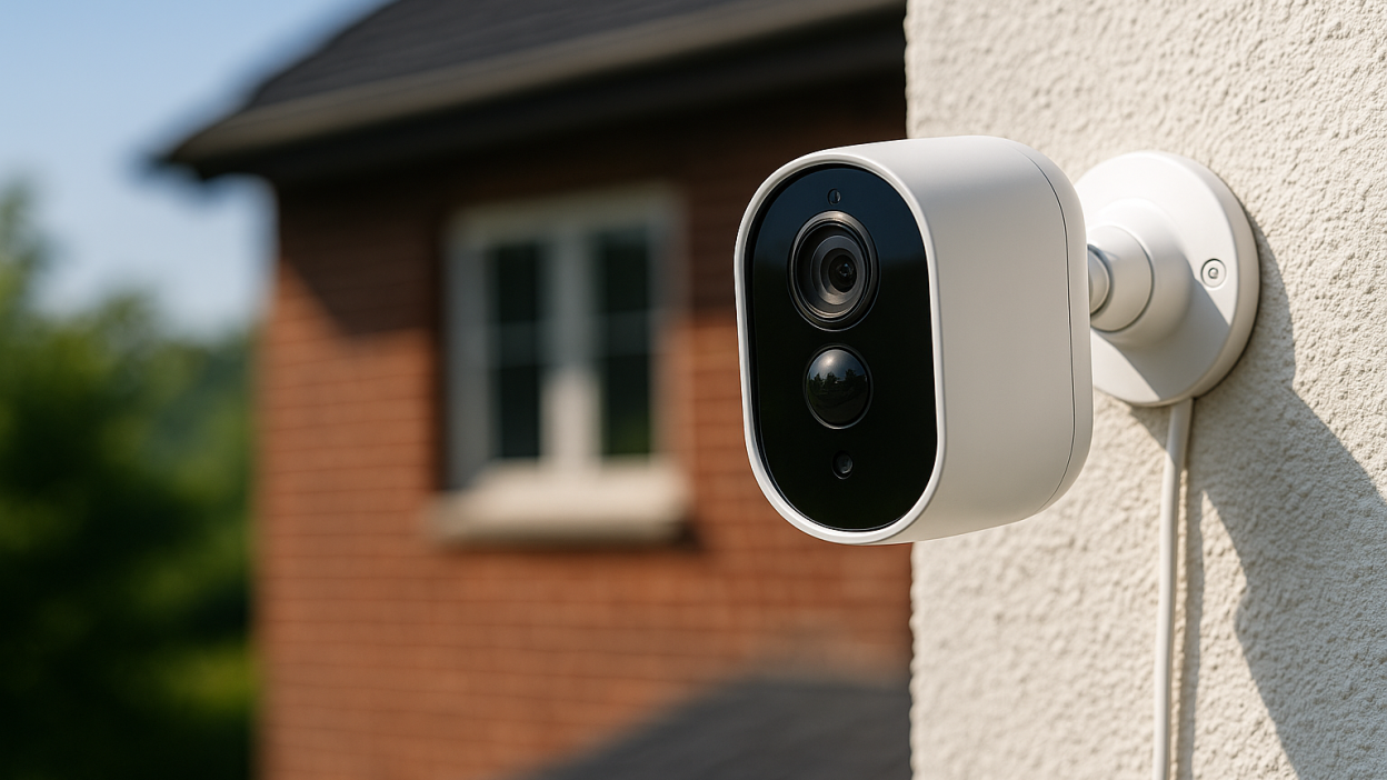 Tuya white security camera mounted on wall with brick house and greenery in background