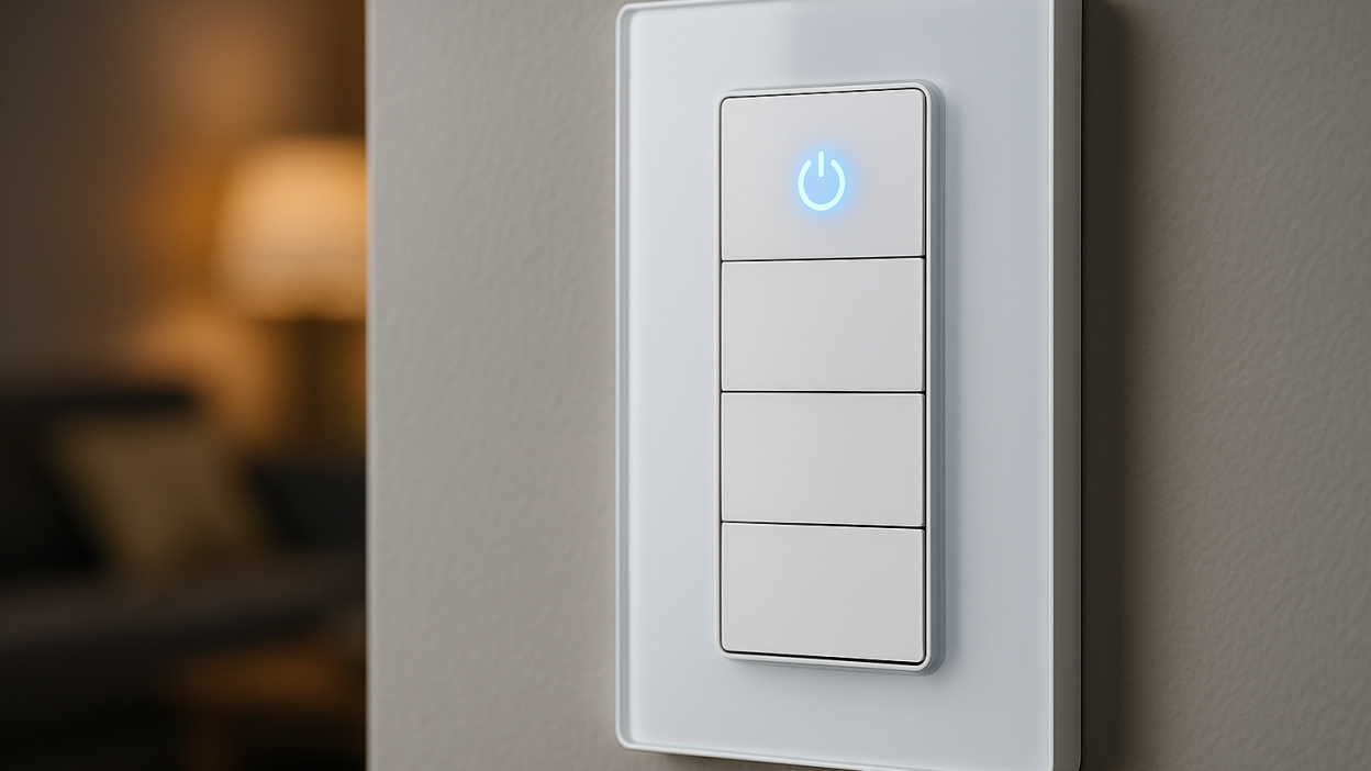 Close-up of a modern Tuya smart light switch with blue LED indicator in a cozy living room setting