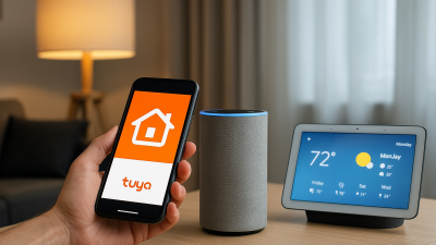 Modern living room with Tuya app on smartphone, Amazon Echo smart speaker, and Google Nest Hub on wooden table