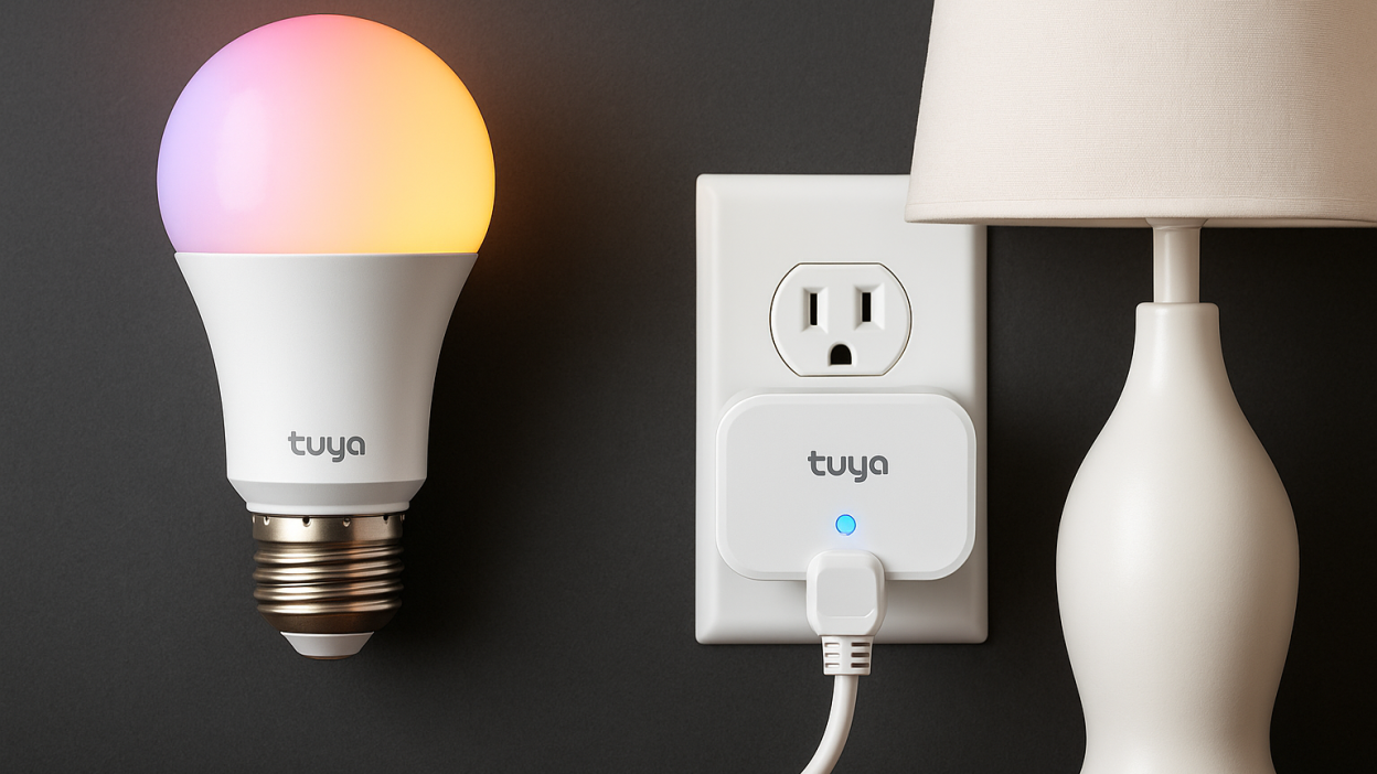 Tuya smart bulb glowing in multiple colors next to Tuya smart plug controlling a lamp in modern room