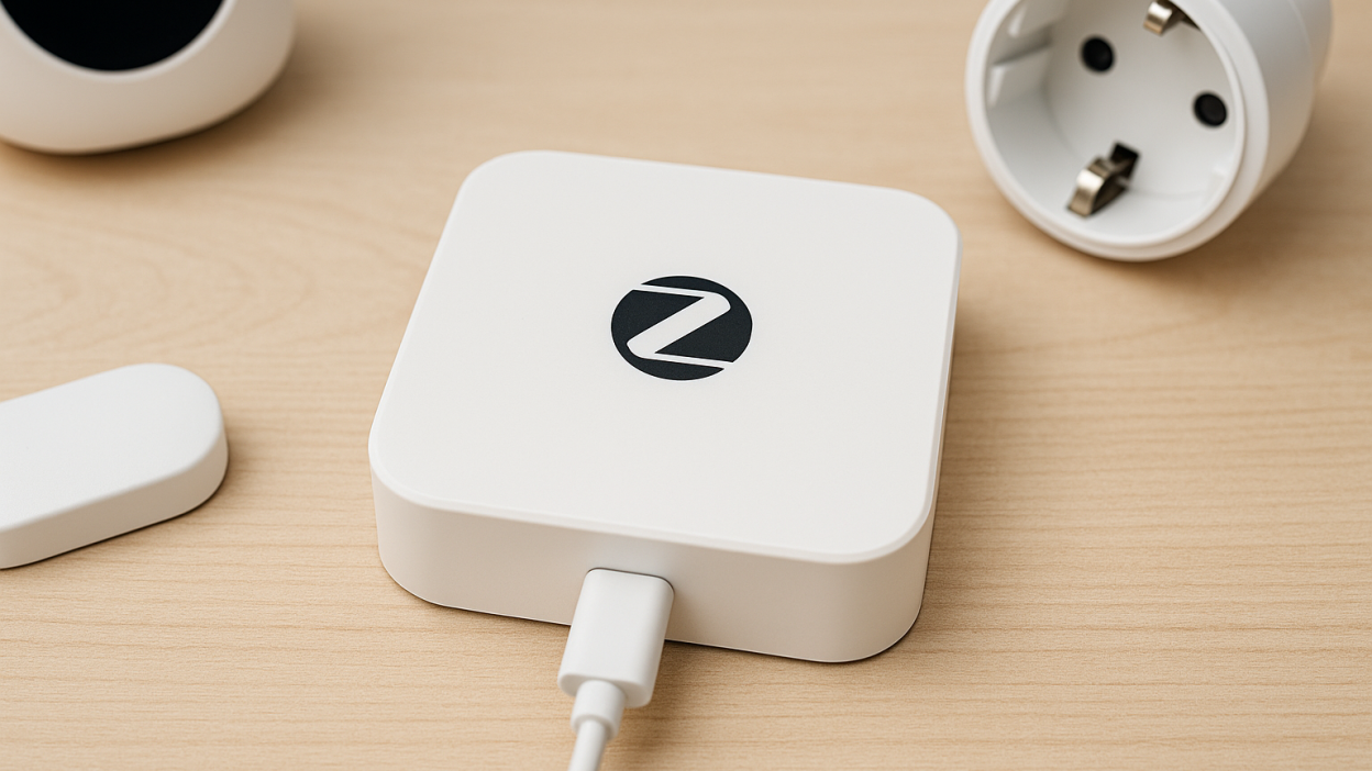 Tuya Zigbee smart home gateway hub with connected devices on wooden desk under warm lighting