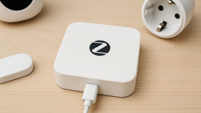 Tuya Zigbee smart home gateway hub with connected devices on wooden desk under warm lighting
