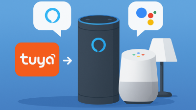 Illustration showing Tuya logo connecting to Alexa and Google Home smart speakers for voice control