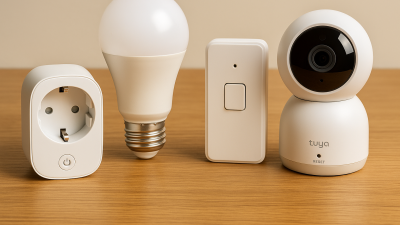 Four Tuya smart devices including plug, bulb, switch, and camera on wooden table showing reset options