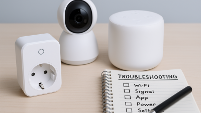Tuya smart plug, camera, and hub on a table with a troubleshooting checklist and pen
