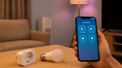 Person using Tuya Smart app to activate home automation scenes on smartphone in modern living room