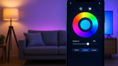 Modern living room with Tuya smart lighting controlled by smartphone app showing color wheel interface