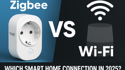 Comparison of Zigbee and Wi-Fi smart home devices showing Tuya smart plug and Wi-Fi speaker on split background