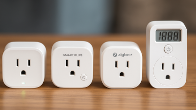 four Tuya smart plugs displayed on a wooden desk under soft lighting