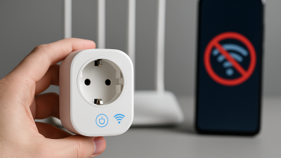 hand holding Tuya smart plug near Wi-Fi router and smartphone showing no connection symbol