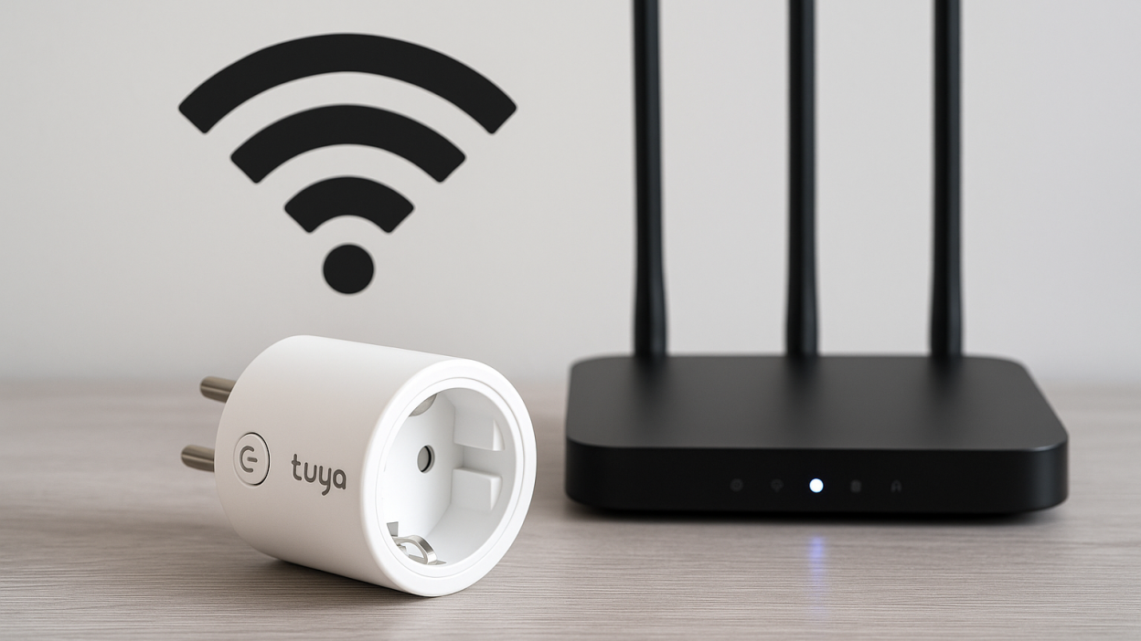 Tuya smart plug and Wi-Fi router illustrating connection troubleshooting