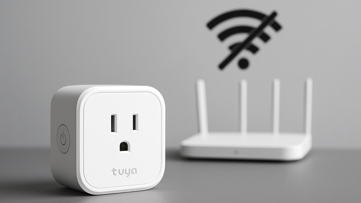 Tuya smart plug with Wi-Fi router and no signal icon on background