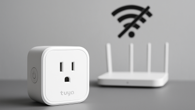 Tuya smart plug with Wi-Fi router and no signal icon on background