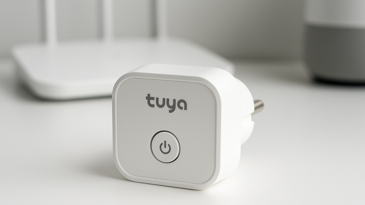 Tuya smart plug on a table next to a Wi-Fi router in a modern smart home setup
