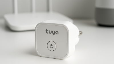 Tuya smart plug on a table next to a Wi-Fi router in a modern smart home setup