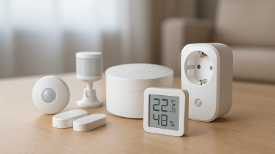 Tuya smart sensors including motion, door, temperature and humidity devices on wooden table